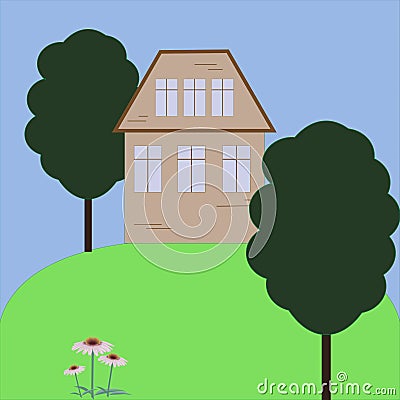 House home building illustration tree architecture grass garden green landscape village cartoon family summer tree garden Park flo Cartoon Illustration