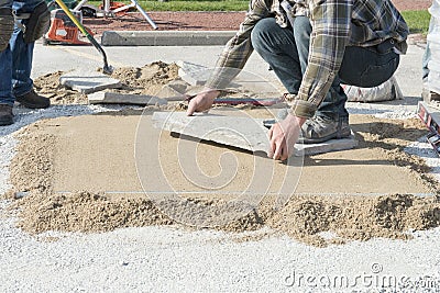 House or Home Improvement, Laying Stone Patio Landscaping Stock Photo