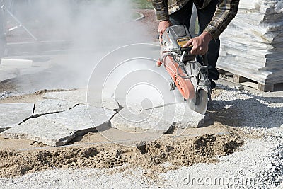 House or Home Improvement, Stone Cutting Patio Landscaping Stock Photo
