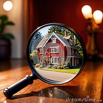 House hunting property search, magnifying glass looking at home Stock Photo