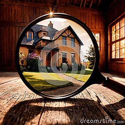House hunting property search, magnifying glass looking at home Stock Photo