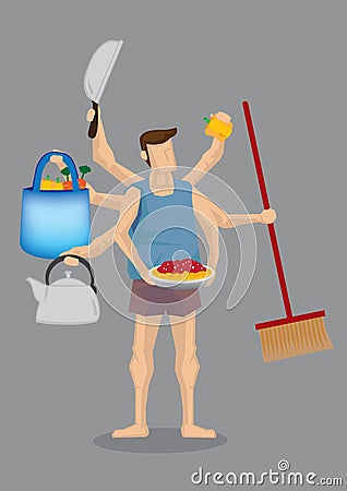 House Husband Multitasking Vector Cartoon Illustration Vector Illustration
