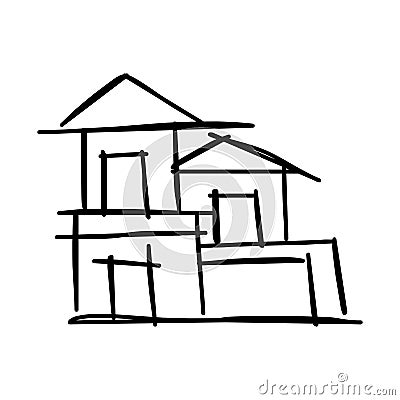 House icon of rough line art, simple, black 18 Vector Illustration