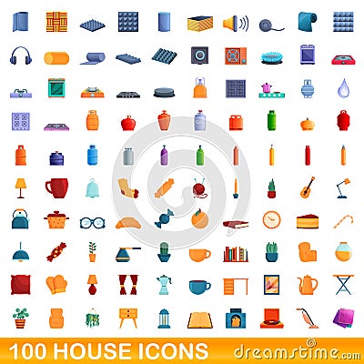 100 house icons set, cartoon style Vector Illustration