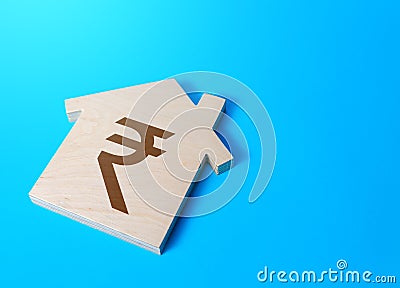 House with a indian rupee symbol. Cost estimate. Search for options, choice of residential buildings. Property price valuation Stock Photo