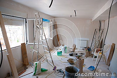 House indoor improvements in a messy room construction Stock Photo