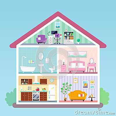 House inside cross section rooms with furniture Vector Illustration