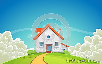 House Inside Nature Landscape With Clouds Vector Illustration