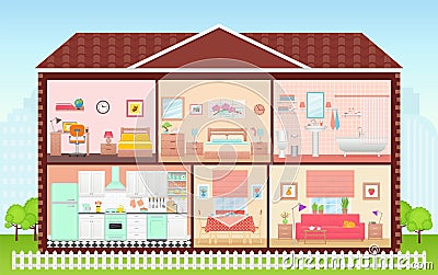 House inside with rooms interiors. Vector illustration in flat design Vector Illustration