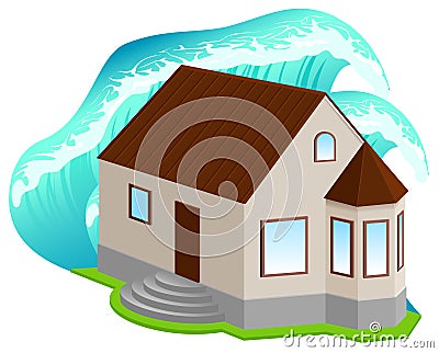 House insurance against floods. High wave covered home Vector Illustration