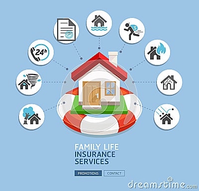 House insurance services. House with lifebuoy on blue background Vector Illustration