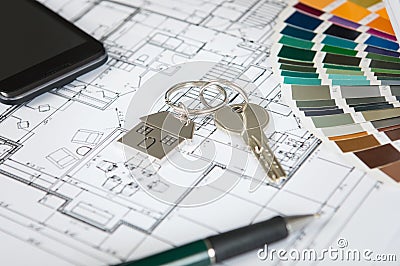 House Key On Blueprint Stock Photo