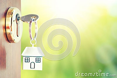 House key in the door with green background Stock Photo