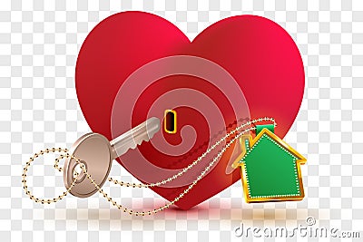 House is key to heart of your beloved. Red heart shape lock and key with key ring home Vector Illustration