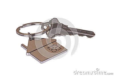 House Keychain With Key, Isolated Stock Photo