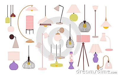 House lamps design, nightlight and ceiling lamp. Interior lights, home and office trendy electric chandelier. Modern Vector Illustration
