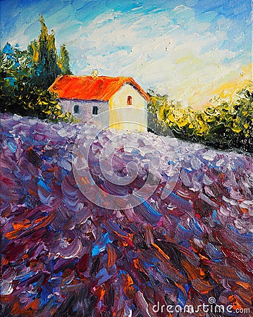 House in lavender field - Original oil painting on canvas - Stock Photo