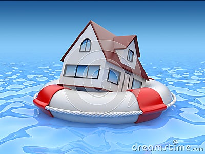 House in lifebuoy. Property insurance Stock Photo