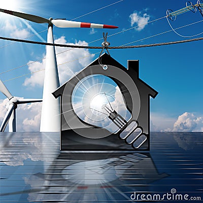 House - Light Bulb - Solar Panel - Wind Turbines Cartoon Illustration