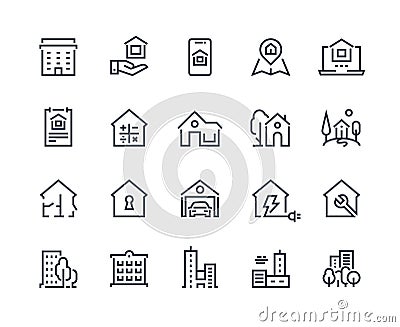 House line icons. Town houses city buildings and constructions, homepage browser interface icons. Vector real estate set Vector Illustration