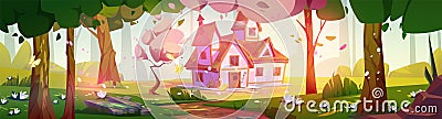 House in magic spring forest Vector Illustration
