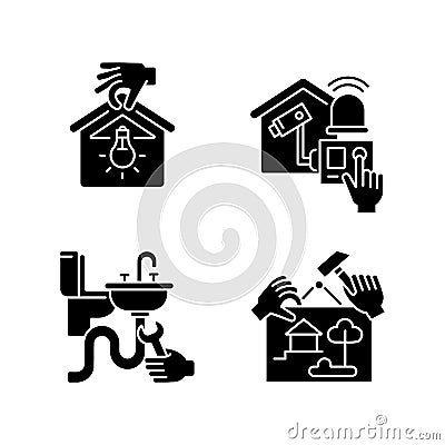 House maintenance black glyph icons set on white space Vector Illustration