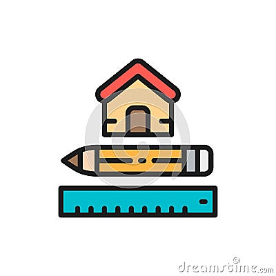 House measuring, measure tool for home, architectural plan flat color line icon. Vector Illustration