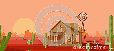 House with a mill in the red desert Vector Illustration