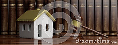 House model with gold roof and a judge gavel, lawyer office background, banner. 3d illustration Cartoon Illustration