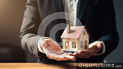 House model in home insurance broker agent hand or in salesman person. Real estate agent offer house, property insurance and Stock Photo