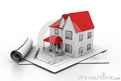 House model on a plan Cartoon Illustration