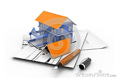 House model on a plan Cartoon Illustration