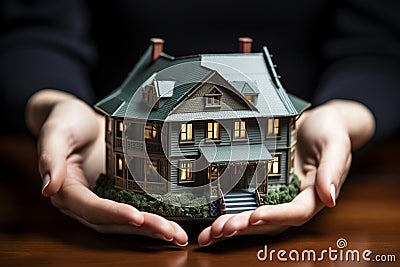 House model symbolizes protection, female hands atop for added security an insurance commitment Stock Photo