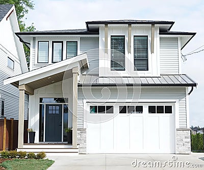 House Modern Custom Exterior Home Gray White Siding Stock Photo