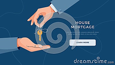 House mortgage banner. Male hand giving keys for property buying. Deal sale, mortgage loan, real estate, dealing house Vector Illustration