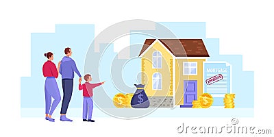 House mortgage cartoon vector illustration with happy family, building, money, contract. Vector Illustration