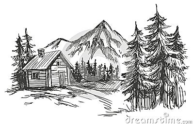 House in mountain landscape hand drawn vector illustration sketch Vector Illustration