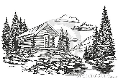 House in mountain landscape hand drawn vector illustration sketch Vector Illustration