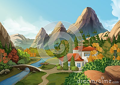 House in the mountains, nature landscape Vector Illustration