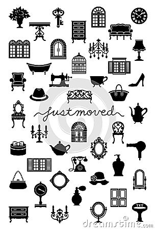 House moving greeting card with antique interior. Just Moved. Vector Illustration