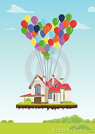 House with multicolored balloons in form of heart flying in sky over ground Vector Illustration