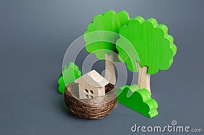 House in a nest in the forest. Eco housing, energy efficiency, zero carbon emissions. Building a house from natural Stock Photo