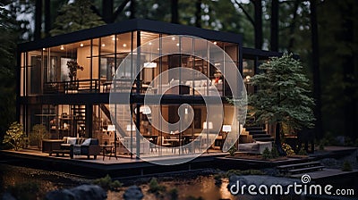 Stunning Vray Tracing: Modern Home In Forest With Glass Material Stock Photo
