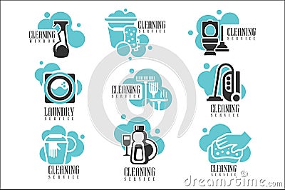 House And Office Cleaning Service Hire Labels Set, Logo Templates For Professional Cleaners Help The Housekeeping Vector Illustration