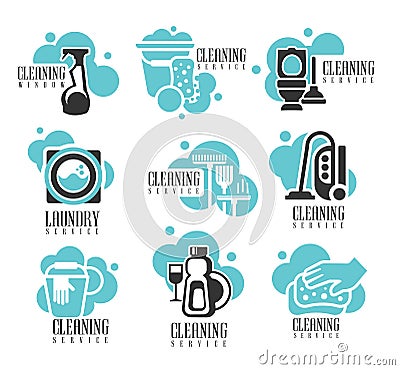 House And Office Cleaning Service Hire Labels Set, Logo Templates For Professional Cleaners Help For The Housekeeping Vector Illustration