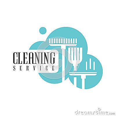 House And Office Cleaning Service Hire Logo Template With Broom And Mop For Professional Cleaners Help For The Vector Illustration