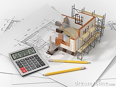 House with open interior on top of blueprints Stock Photo