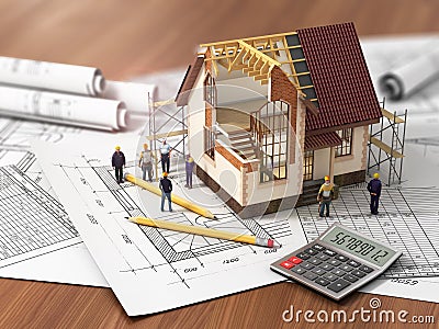 House with open interior on top of blueprints Stock Photo