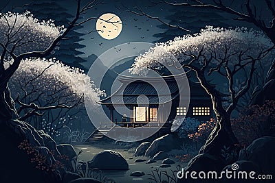 House pagoda and sakura in Japan at night, Japanese nature in winter, illustration, generative AI Cartoon Illustration