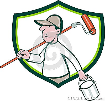 House Painter Paint Roller Can Shield Cartoon Vector Illustration